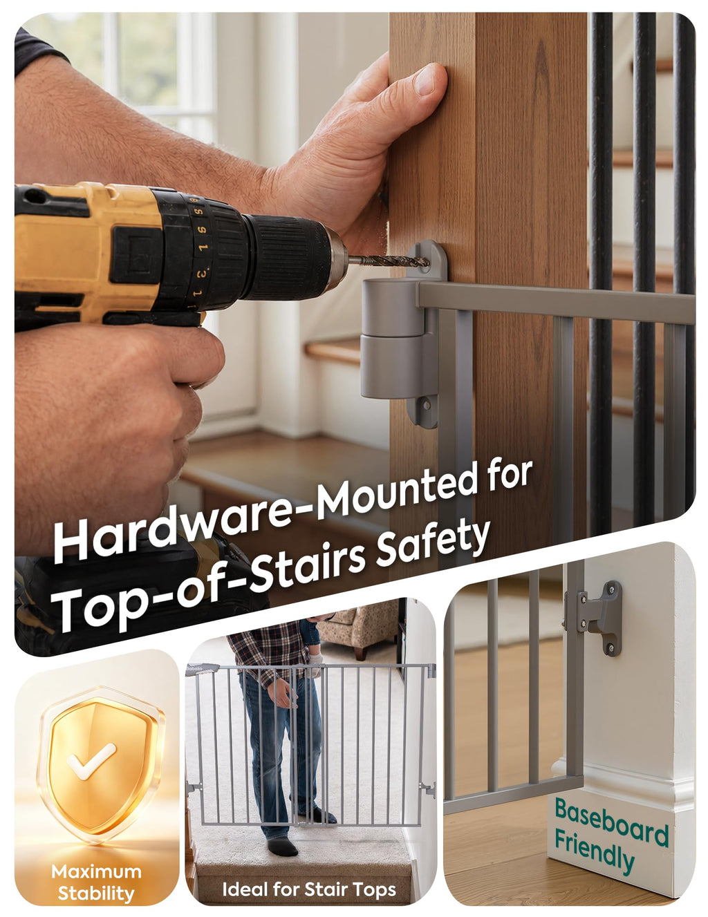 31.5-55" x 28" H Extra-Wide Adjustable Hardware/Pressure-Mounted Pet & Child Safety Gate with Dual-Lock Walk-Through Swing Door for Stairs, Hallways & Wide Doorways — Grey
