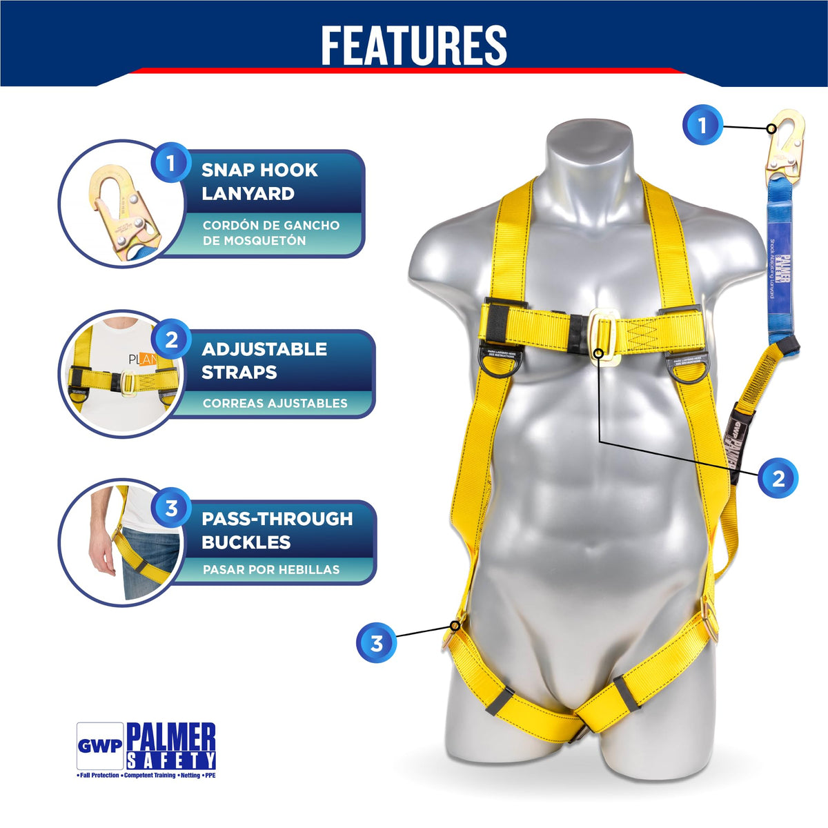 Safety Harness w/Detachable 6 ft Lanyard I Single Leg Lanyard w/Internal Shock Absorbing & Snap Hook I OSHA/ANSI Fall