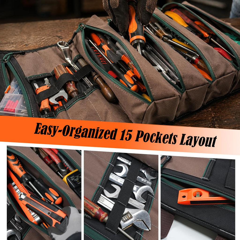 15-Pocket Tool Roll - Heavy-Duty, Green-RipStop, 15L Capacity