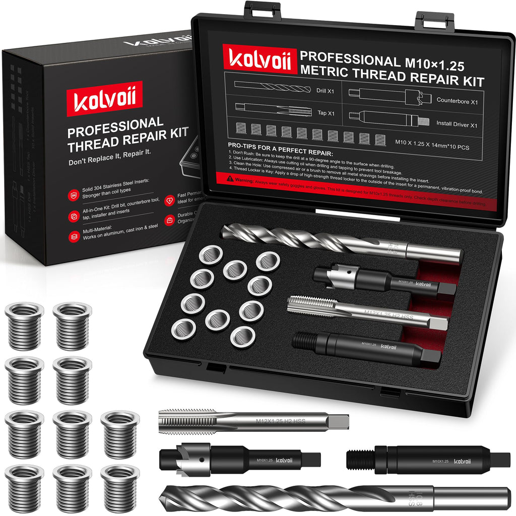 Kolvoii M10x1.25 Thread Repair Kit, 10 Solid 304 Stainless Steel Inserts