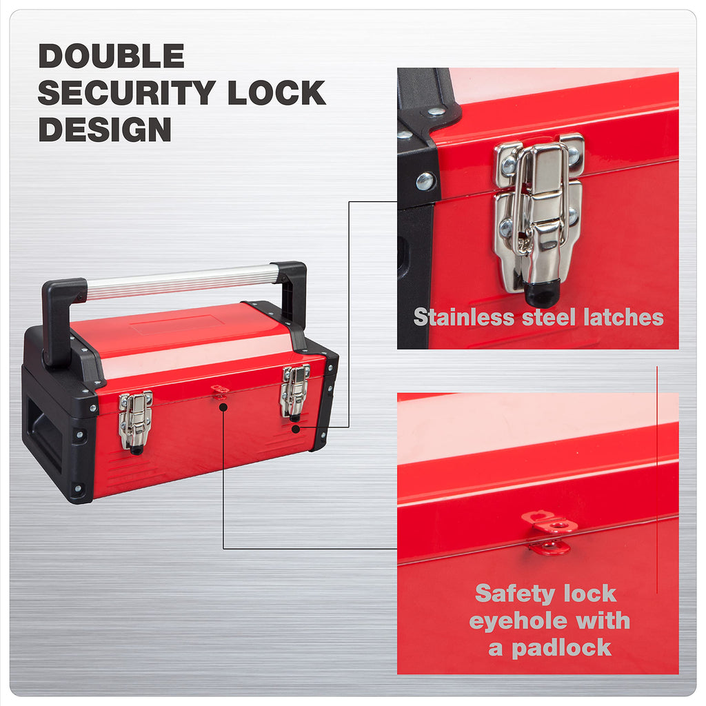 Metal Tool Box Steel 16" Inch Tool Organizer Box Durable Portable Tool Storage with Alum Alloy Handle Double-Lock
