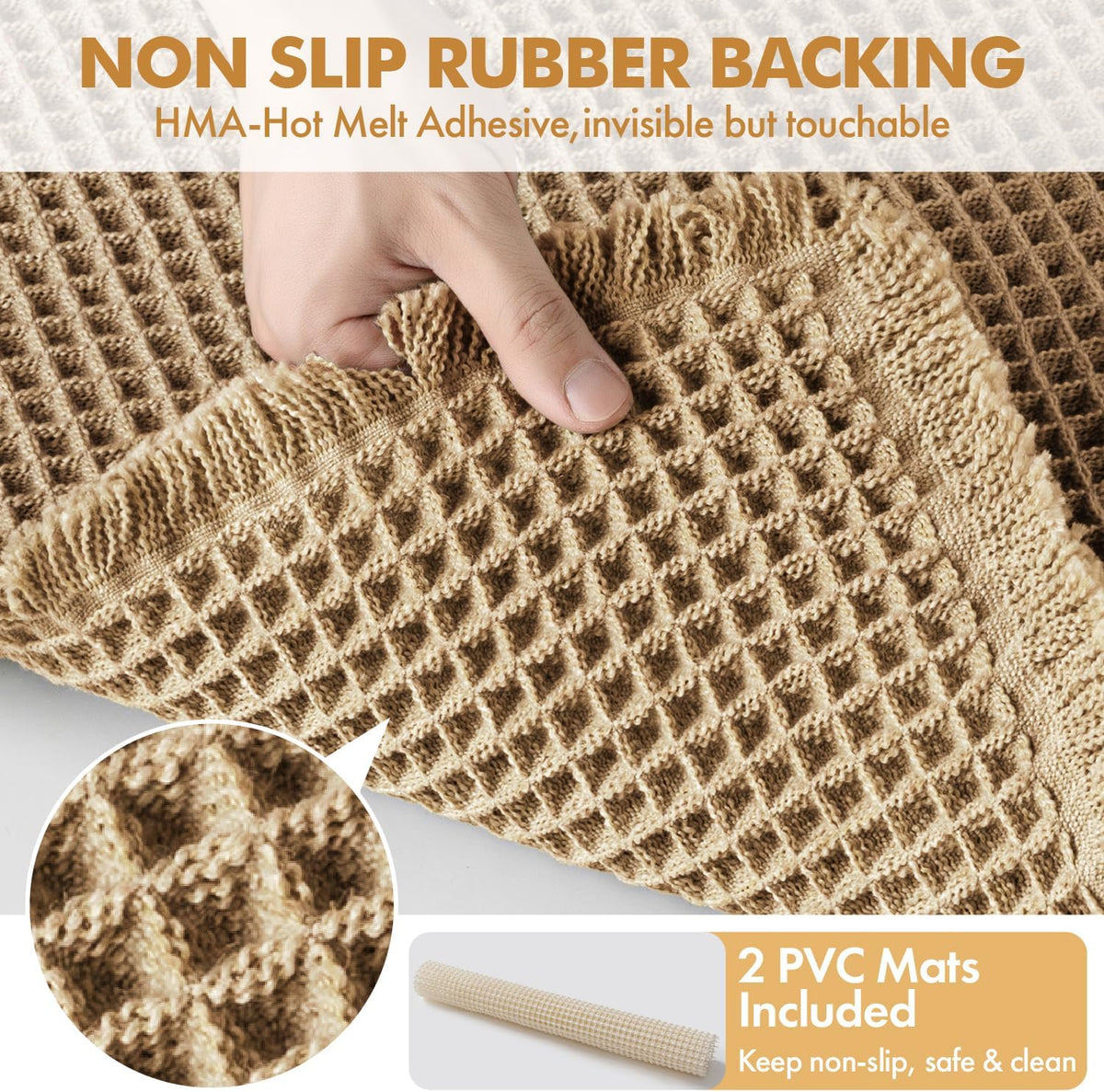 Set of 2 Waffle Bathroom Rugs Boho Bath Mat Brown 18x30 Inch | Non Slip, Super Absorbent, Washable, Ultra Soft