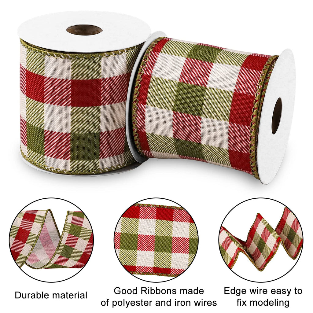 2 Rolls Wired Edge Plaids Ribbon - Christmas Buffalo Check Red Green