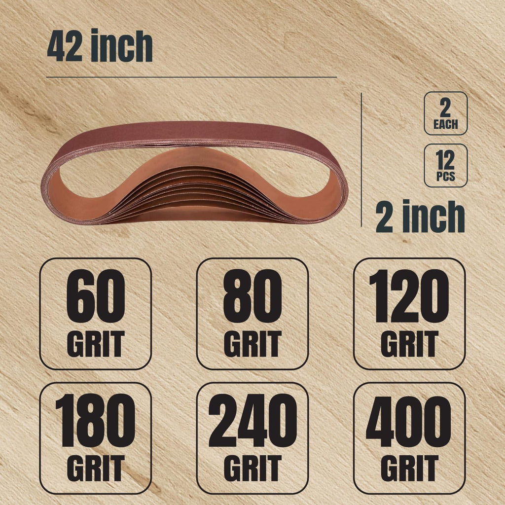 POWERTEC 2x42 Sanding Belts, 12PK, 2 Each of 60/80/120/180/240/400 Grits, 2 x 42 Sanding Belts for 2x42 Belt Sander, Grinder, Belt and Disc Sander, Knife Making, Woodworking, Metal Working (42420-1)