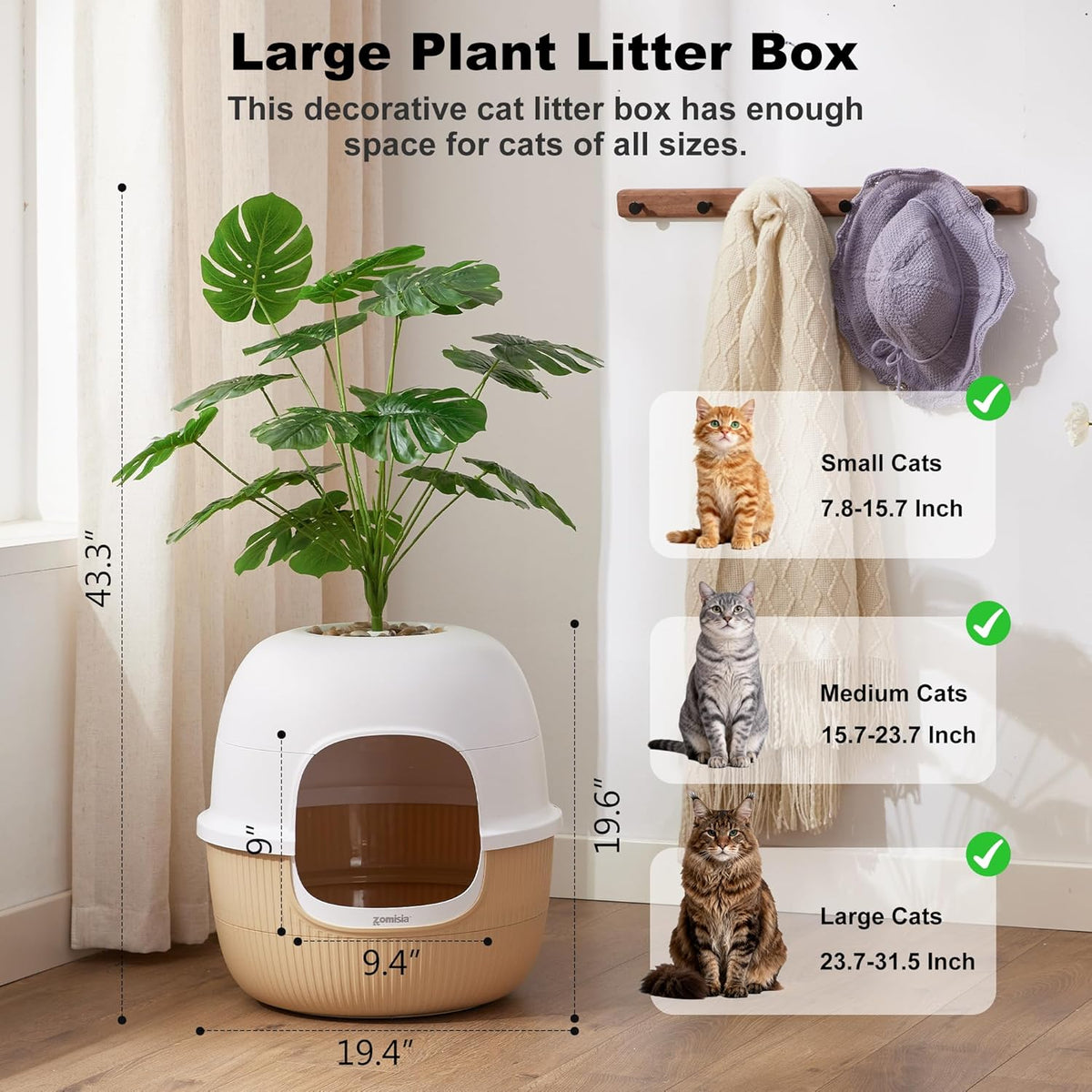 Hidden Cat Litter Box Enclosure with Faux Plant and Odor Control