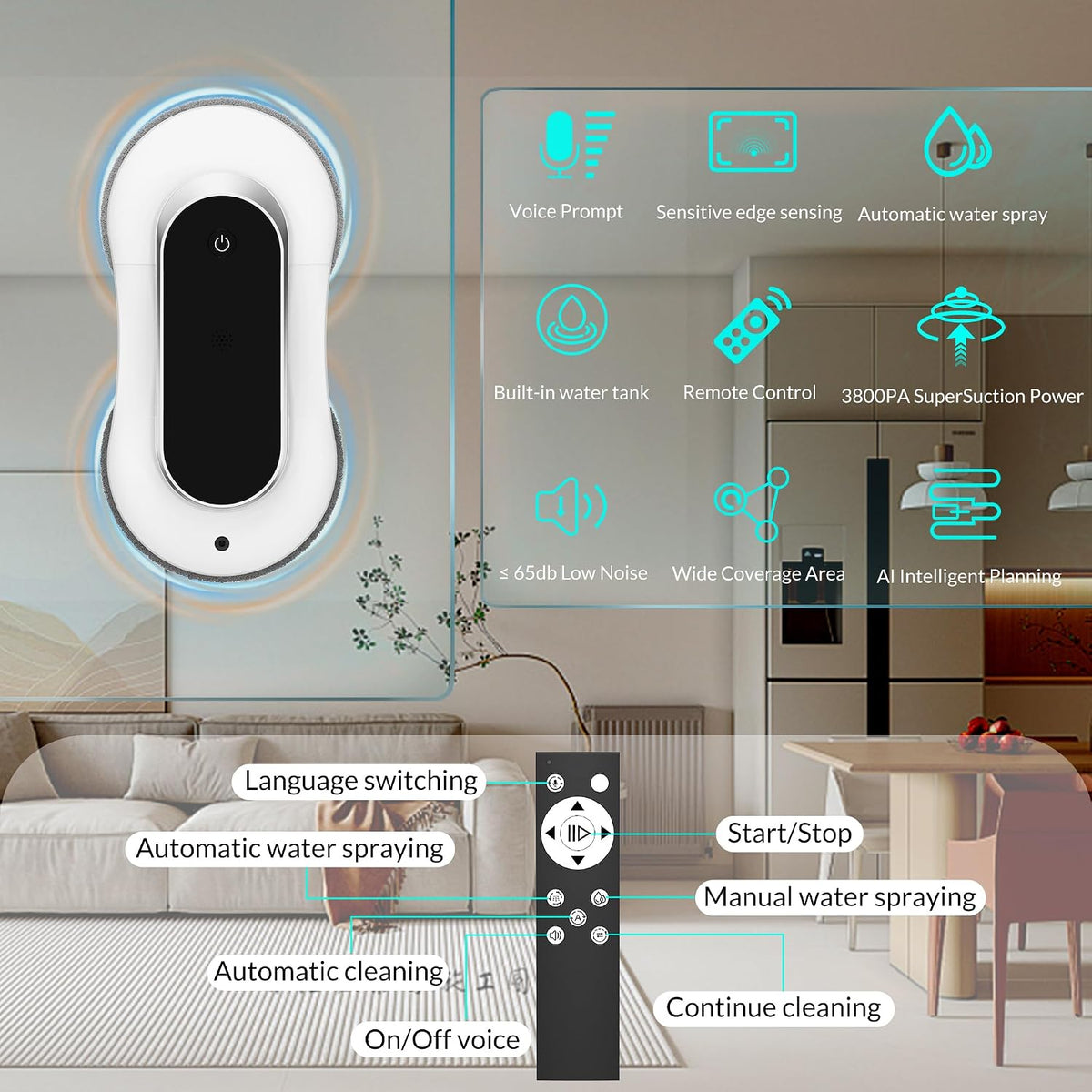 Automatic Window Cleaner Robot With Dual Water Spray,Smart Window Cleaning Washer Machine With 3000pa Suction&AI Path