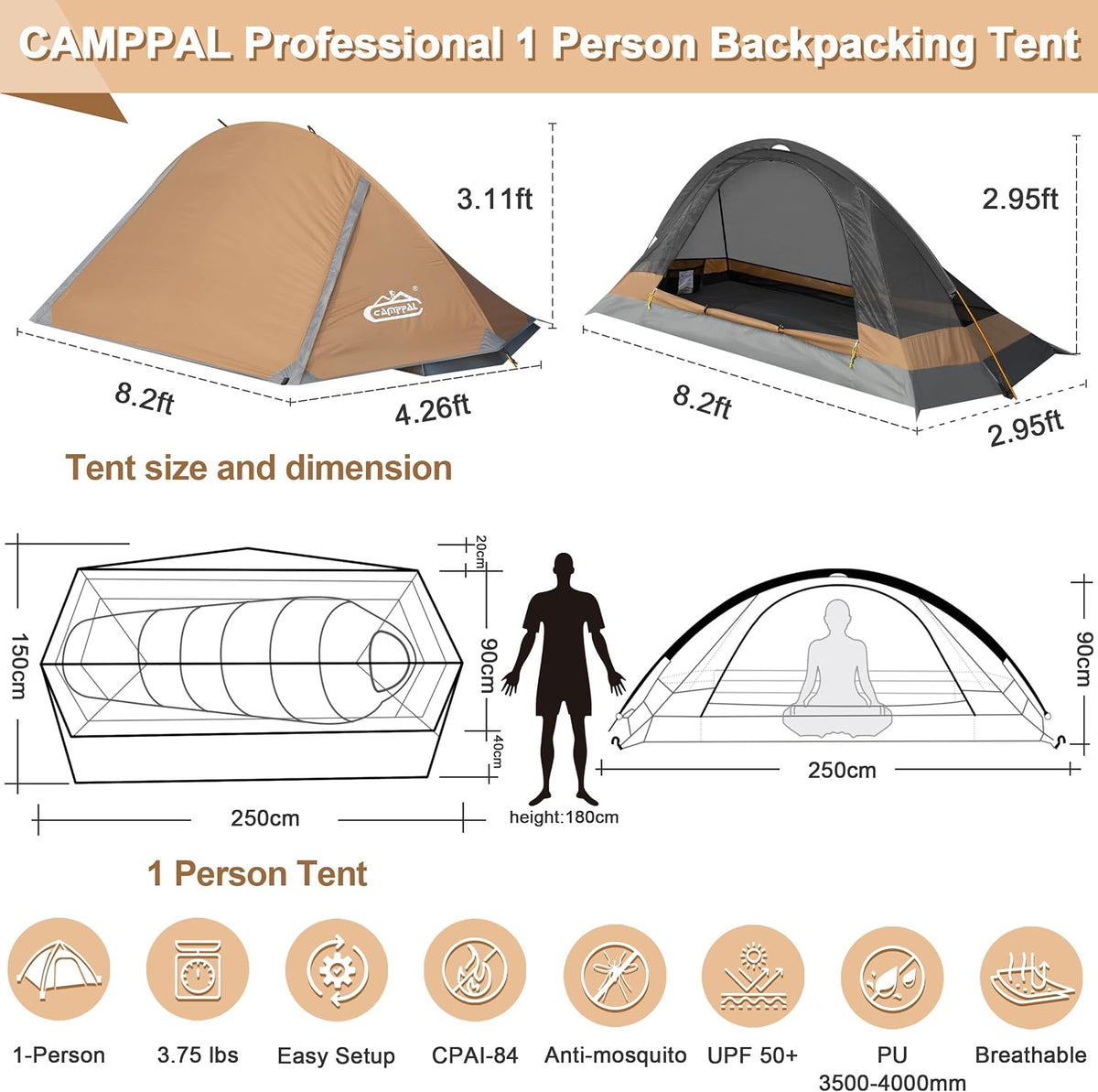 1 Person Tent for Camping Hiking Mountain Hunting Backpacking Tents 4 Season Resistance to Windproof Rainproof and