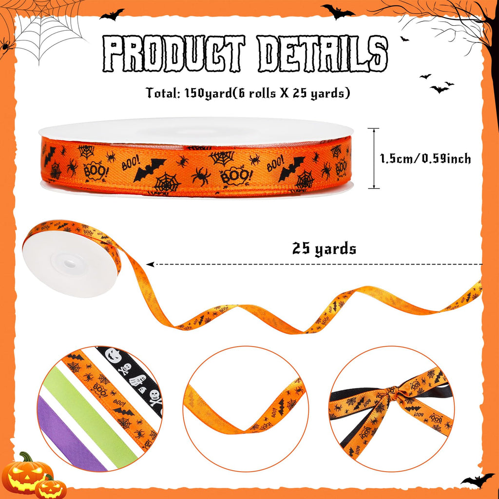 6 Rolls 150 Yards Halloween Ribbon Thin for Wreaths Bat Spider Web Pumpkin Print Grosgrain Ghost Witch Hat Ribbon