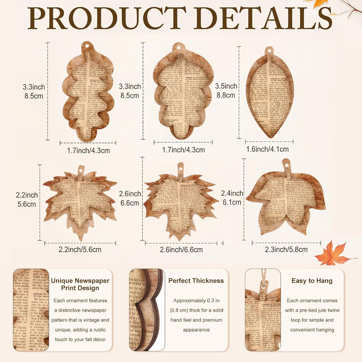 12 Pcs Vintage Fall Leaves Decorations Wood Rustic Fall Leaves Hanging Book Newspaper Design 3D Maple Leaf Decoration