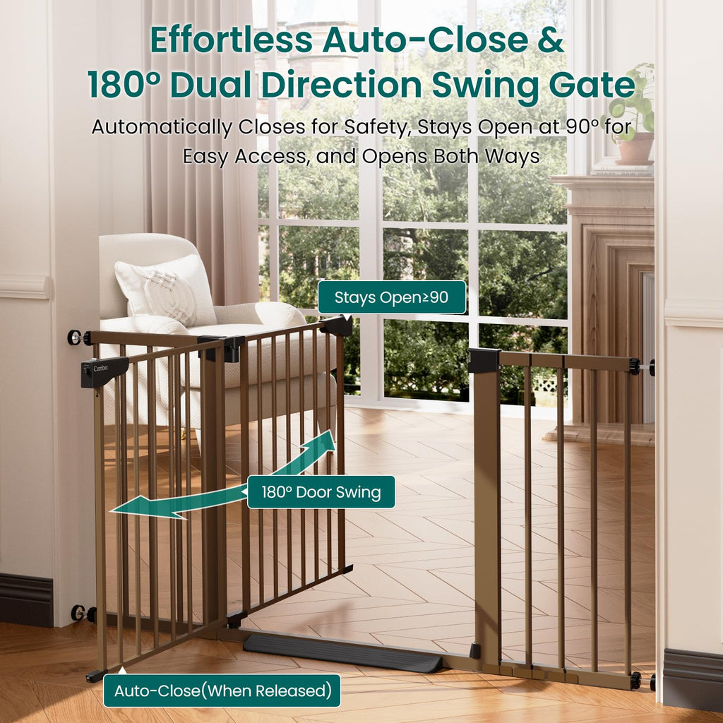 30-54" Extra-Wide Adjustable Hardware/Pressure-Mounted Pet & Child Safety Gate with Auto-Close Walk-Through Door for Stairs, Hallways & Wide Doorways — Brown