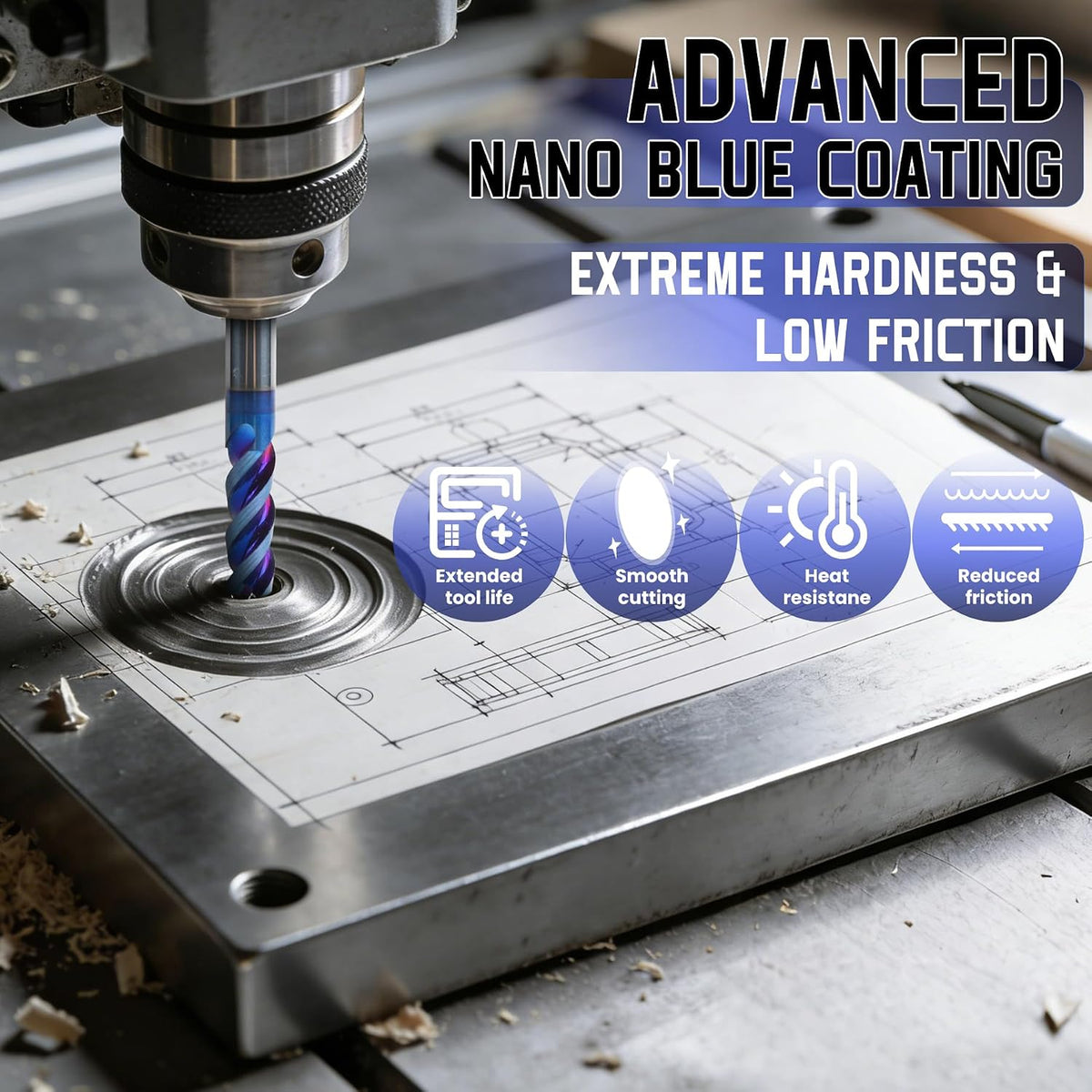 HQMaster Carbide Square End Mill with Nano Blue Coating, 1/4“ Shank 3 Flute End Mill, HRC 60 CNC Milling Bits Set for Aluminum, Copper, Magnesium Alloys & Composite Materials, 2-Pack