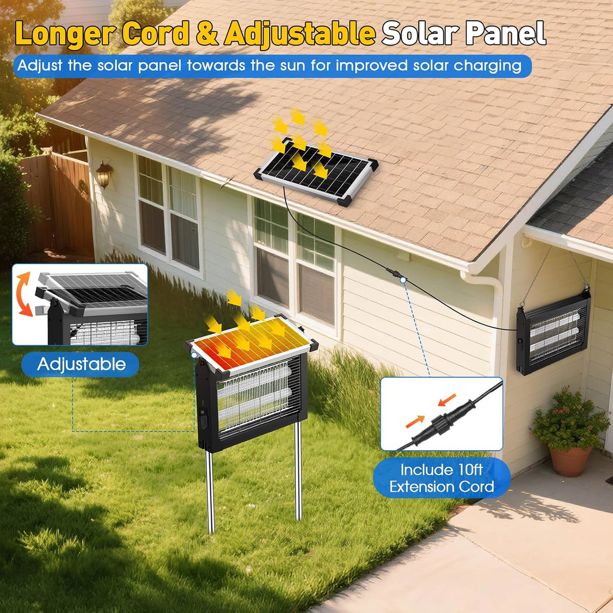 Solar Bug Zapper Outdoor, 4500V Solar Mosquito Zapper Outdoor Waterproof, 1/2 Acre Coverage Rechargeable Electric Fly