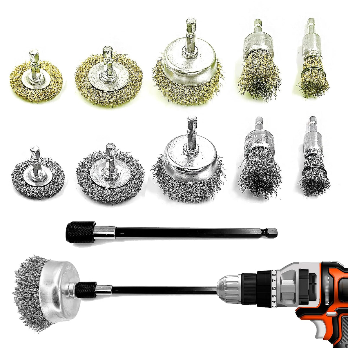 Daily Treasures 10 Pack Wire Wheel Cup Brush Set for Drill Abrasive with 1/4" Hex Shank,Extension Rod for Safty,Brass Coated Crimped Drill Sanding Attachment，Metal Brush for Drill Rust Removal