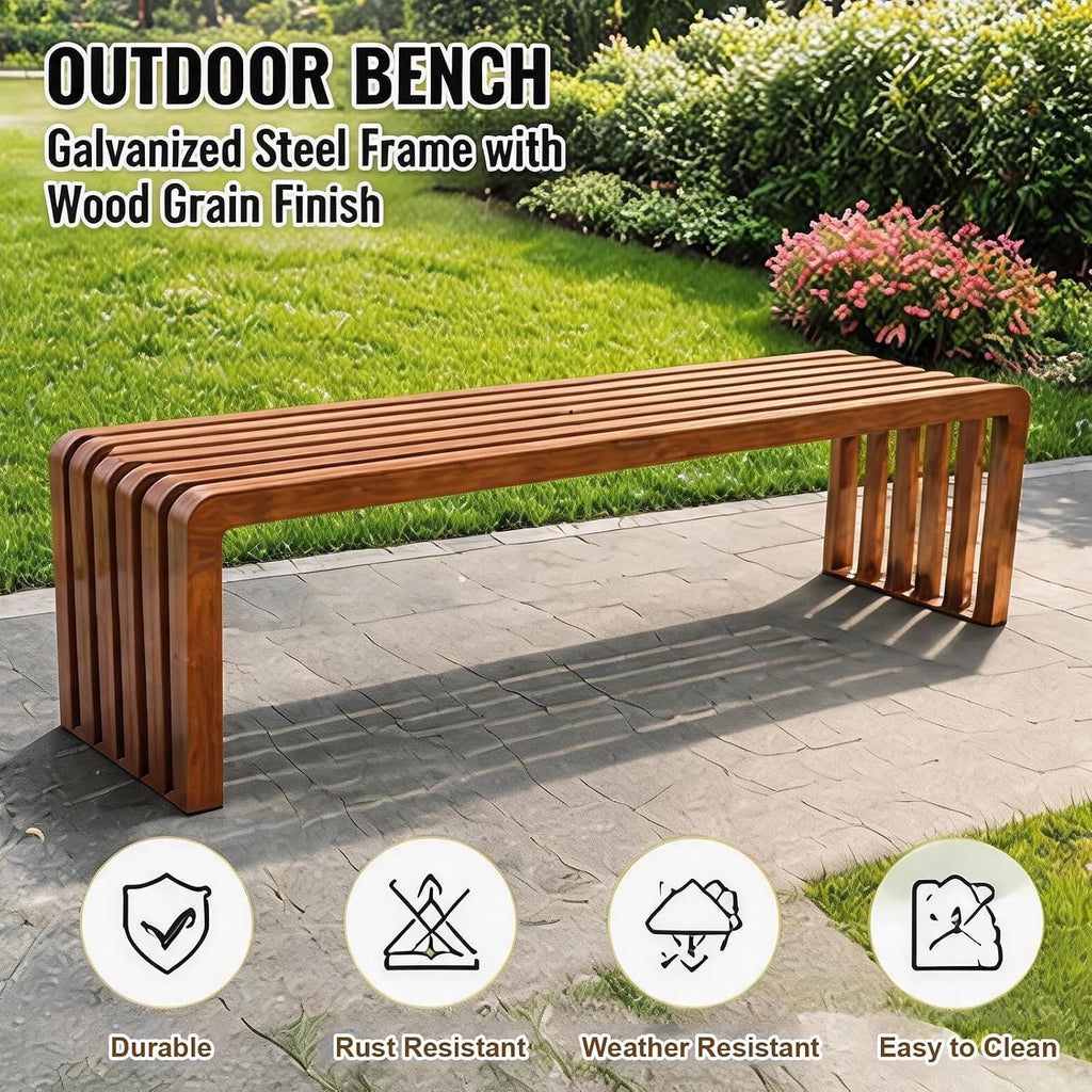 Outdoor Bench for Garden, Patio, Park and Porch, No Assembly Required, Galvanized Steel Frame with Wood Grain Finish