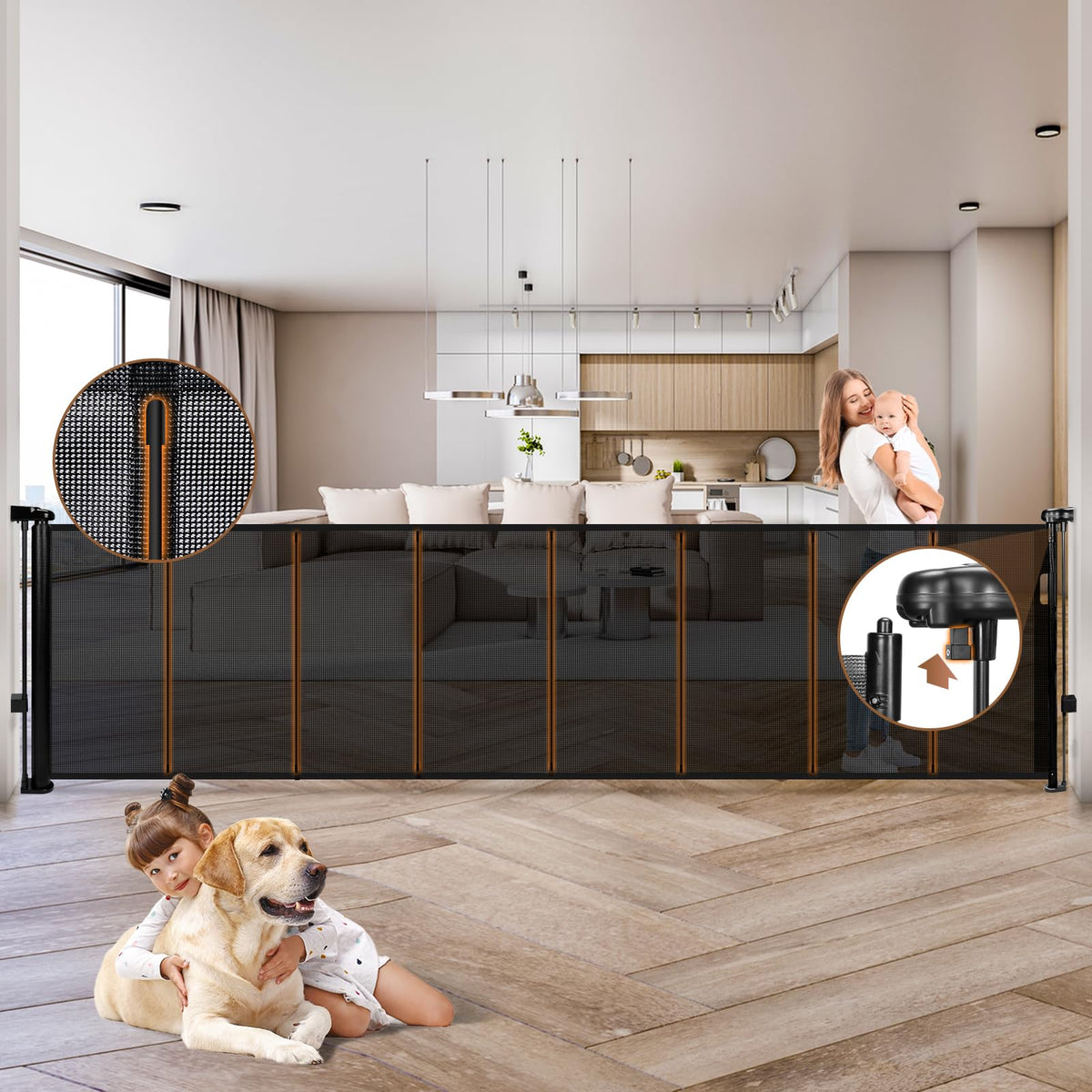 276" x 52" Tall Extra-Wide Retractable Indoor Mesh Pet & Child Safety Gate with One-Hand Safety Lock for Wide Openings, Patios & Stairways
