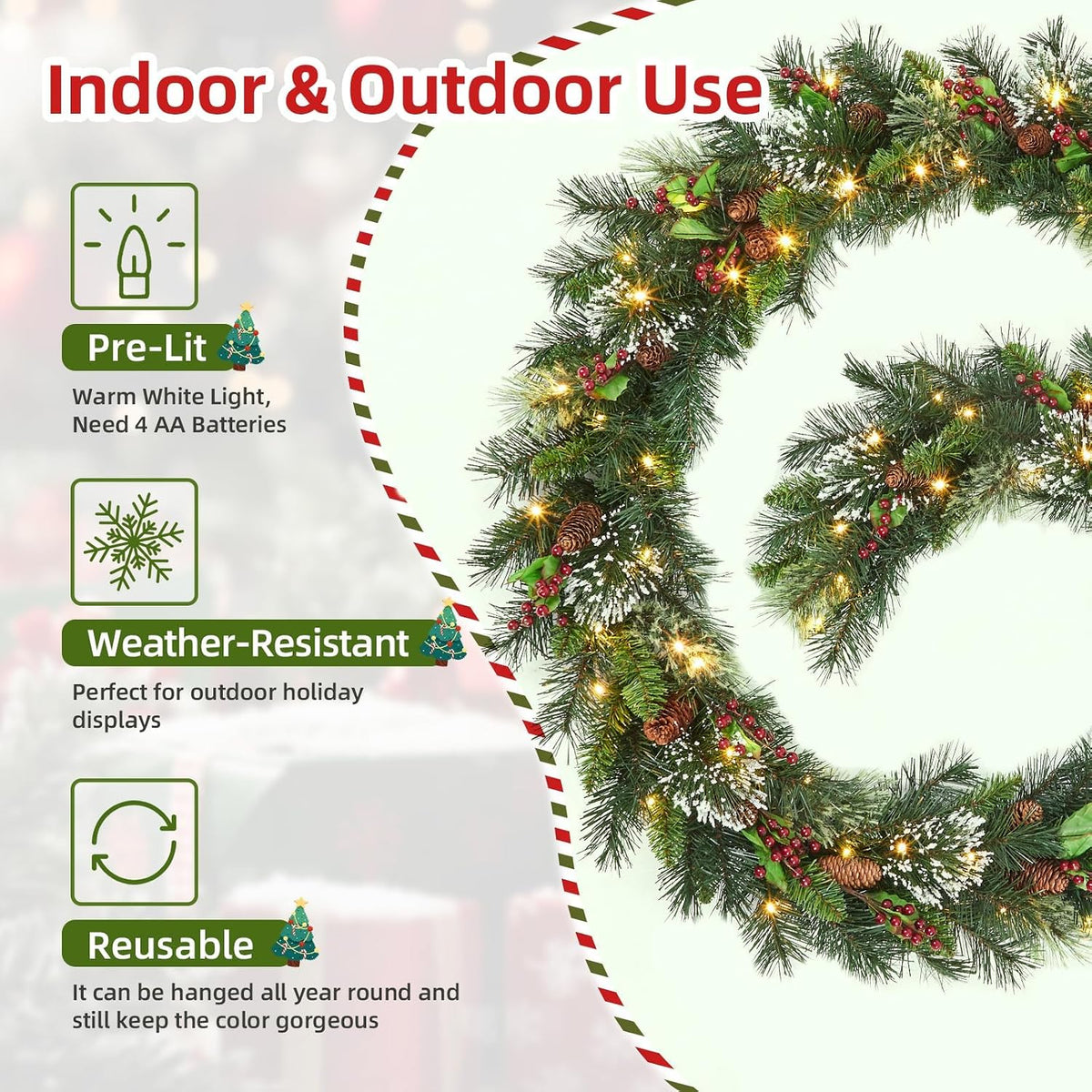Christmas Wreath and Garland Set of 6, PreLit LED Artificial Christmas Décor with One Xmas Wreath and Arc Garland, 2