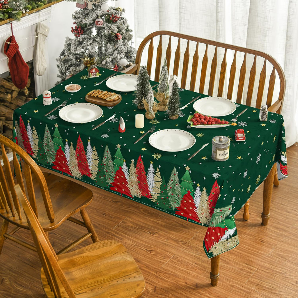 Christmas Tablecloth 60×84 Inch Rectangular, Christmas Trees Green Washable Table Cover for Party Picnic Dinner Decor