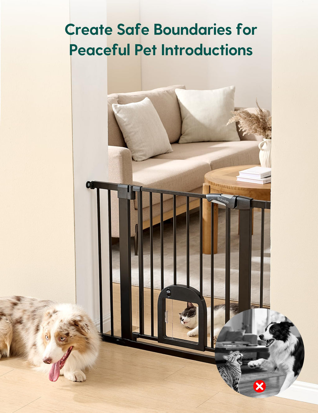 29-48" Extra-Wide Adjustable Hardware/Pressure-Mounted Pet & Child Safety Gate with Small Cat Door & Auto-Close Walk-Through Gate for Stairs, Hallways & Wide Doorways