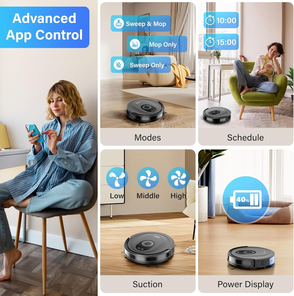 Robot Vacuum and Mop Combo, 5000Pa Robotic Vacuum Cleaner, 150 Min Max, App & Remote Control, Ideal for Hard Floor