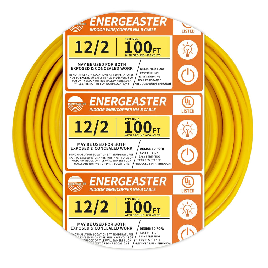 Solid Indoor 12/2 W/G NMB Cable 100ft, Electrical Wire, Yellow | 100FT NMB Cable 12 Gauge Wire 2 Conductors 600V Bare