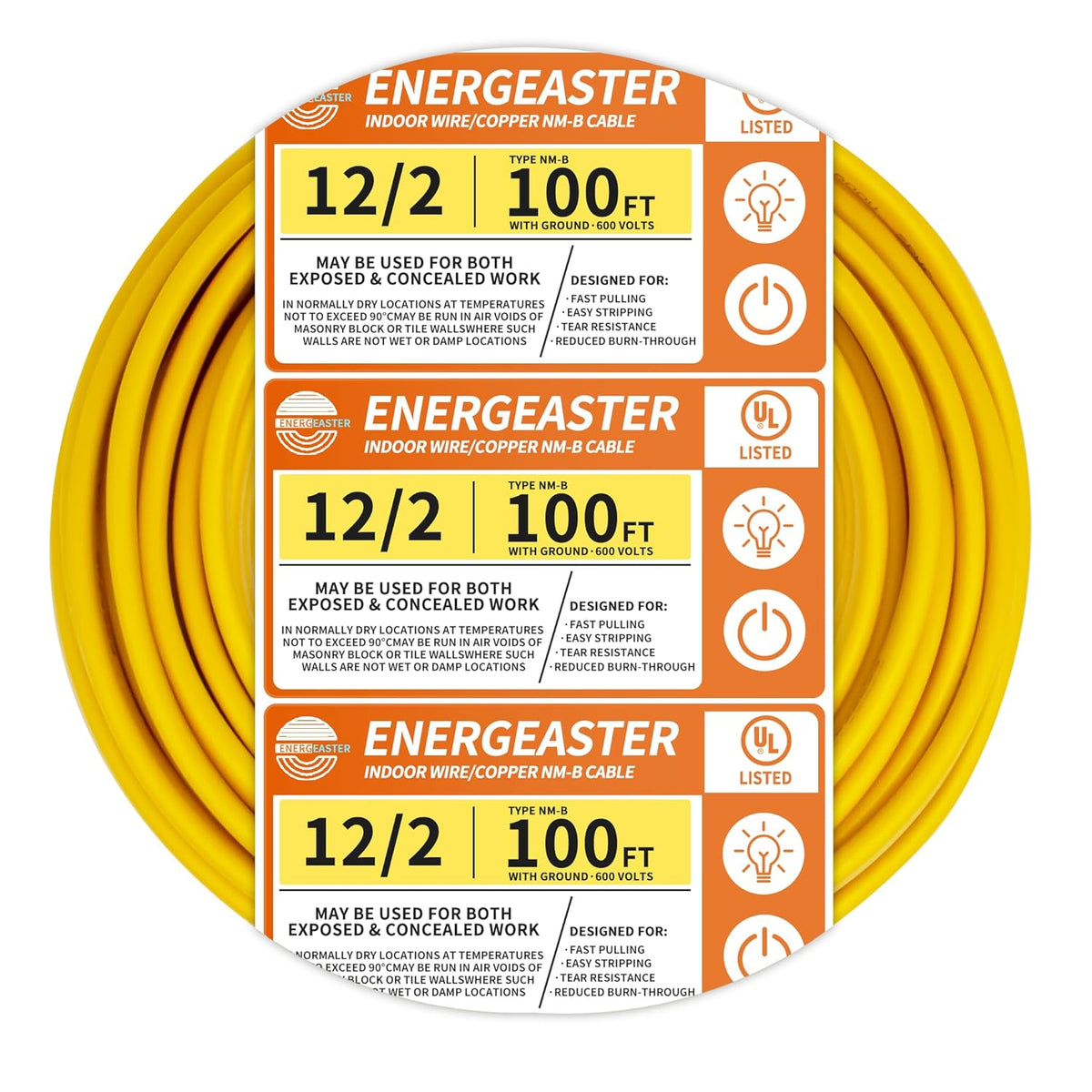 Solid Indoor 12/2 W/G NMB Cable 100ft, Electrical Wire, Yellow | 100FT NMB Cable 12 Gauge Wire 2 Conductors 600V Bare
