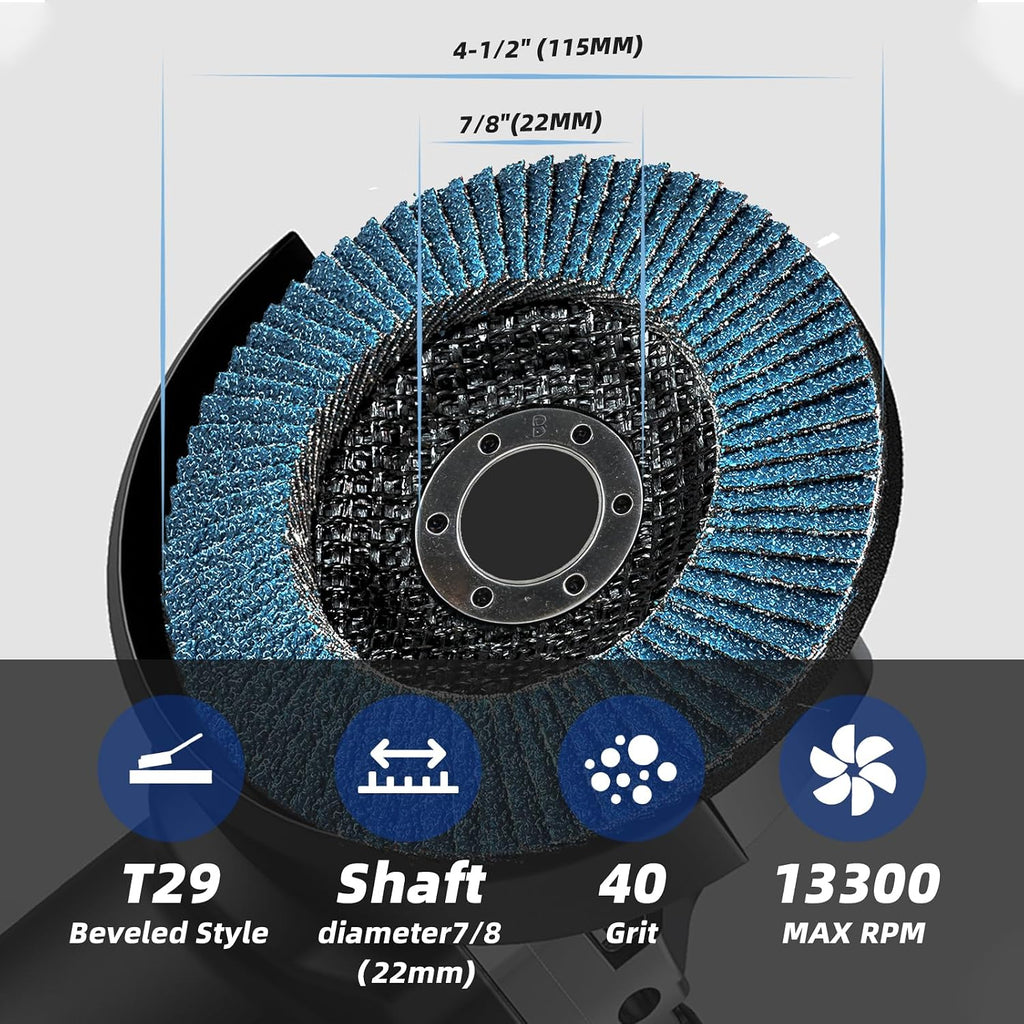 Zirconia Flap Discs 40 Grit, 4.5" x 7/8", 10 Pack Type 29