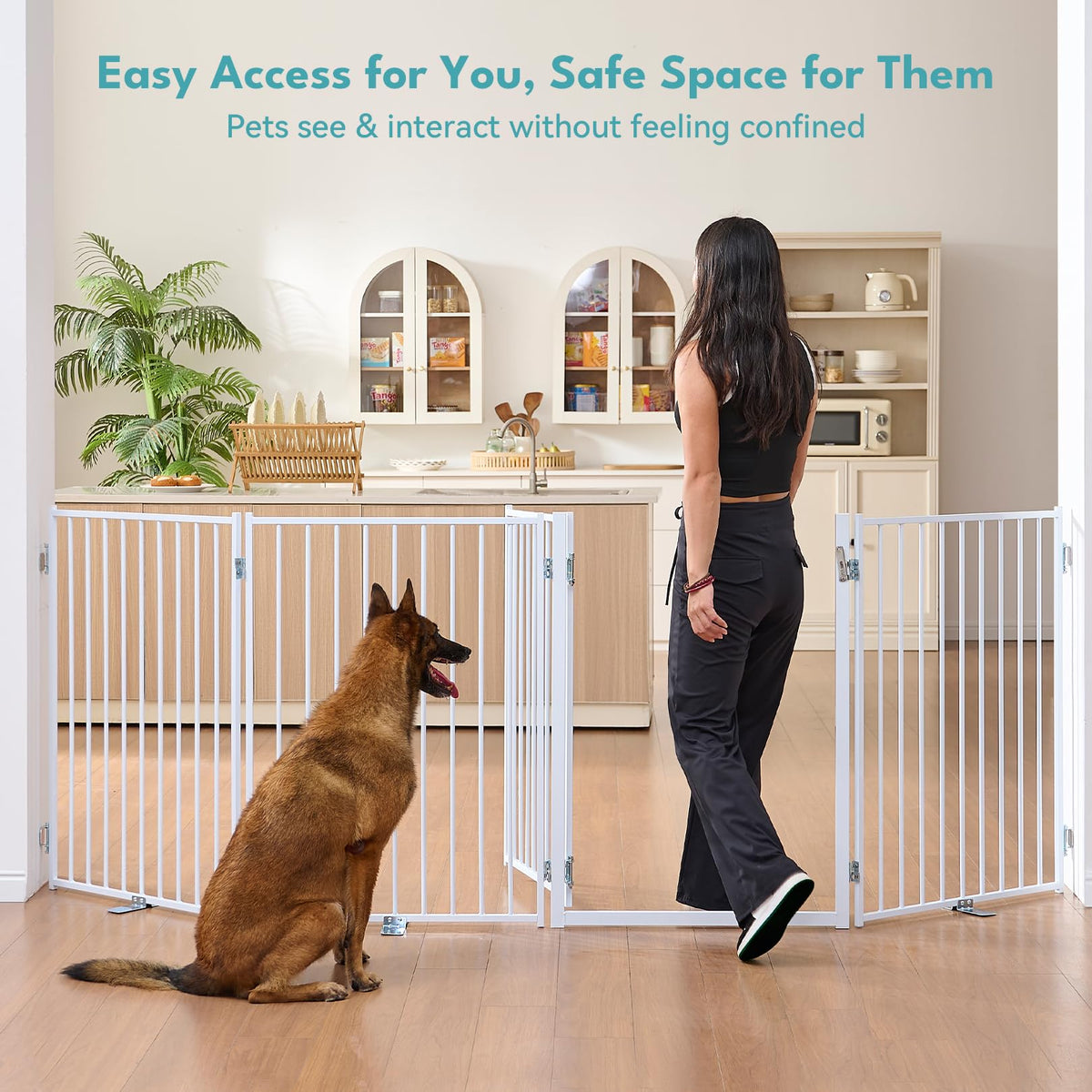 Freestanding Heavy-Duty Steel Folding Pet & Dog Barrier Gate with Walk-Through Swing Door for Wide Indoor Openings, Hallways & Stairs