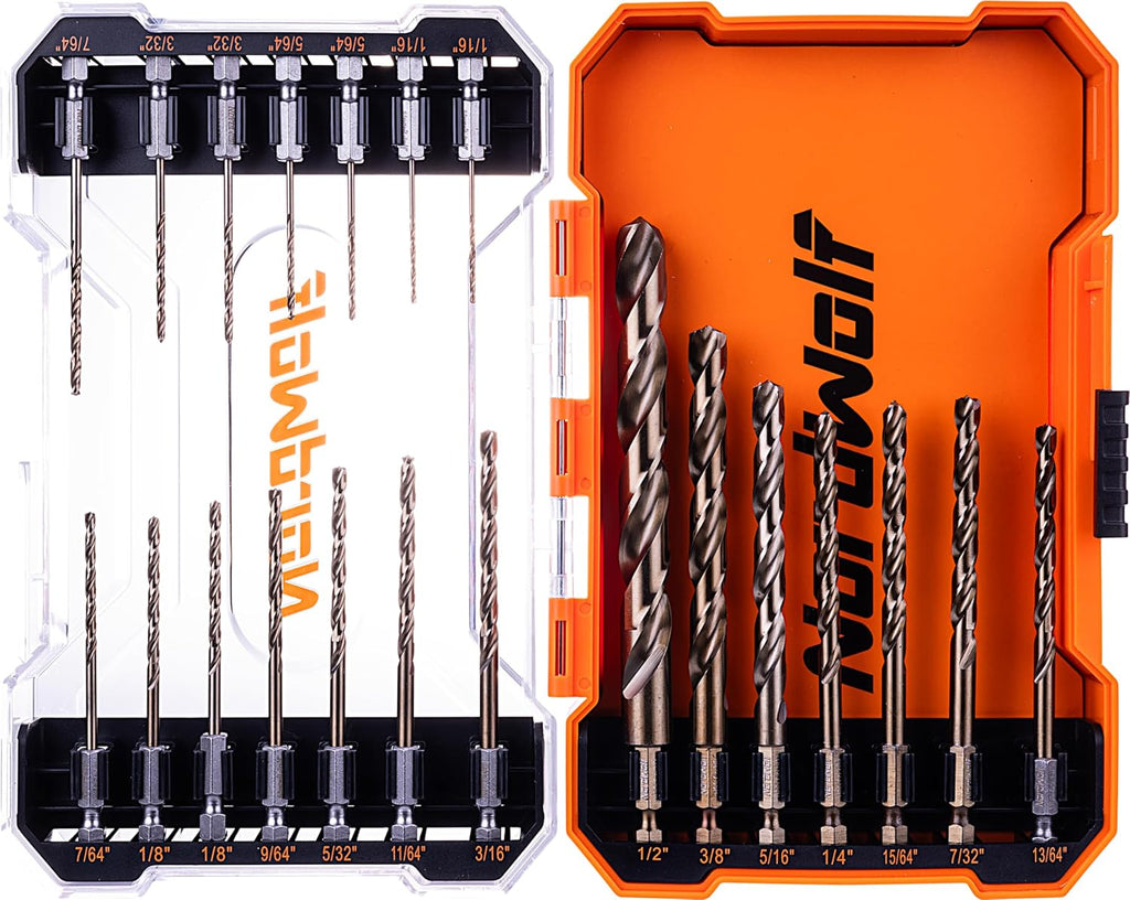NordWolf 21-Piece M35 Cobalt Drill Bit Set for Stainless Steel, Hard Metals & Cast Iron, Jobber Length with 1/4" Hex Shank, Sizes 1/16" to 1/2" in Storage Case