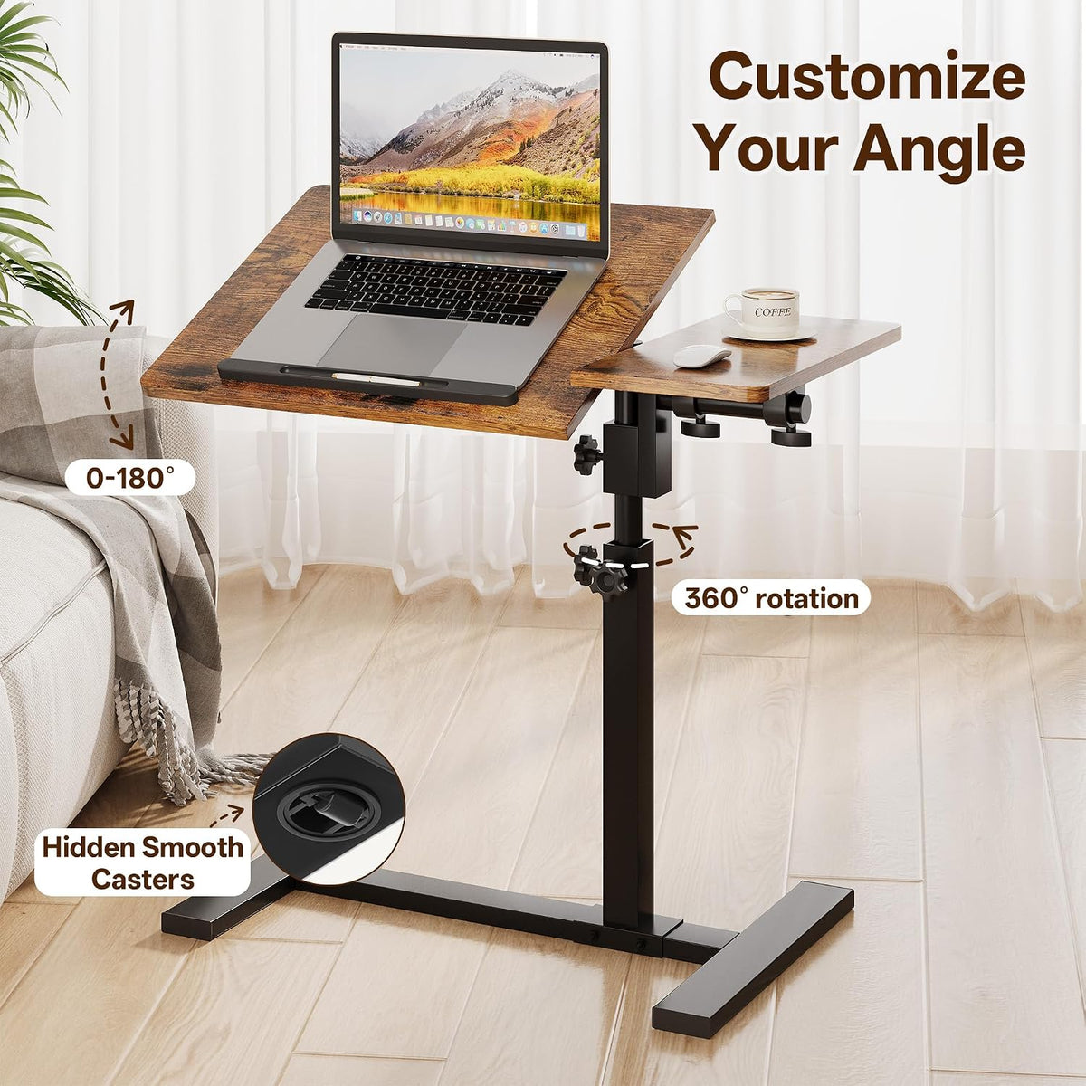 Overbed Table with Wheels, Adjustable Height Mobile Desk, Brown