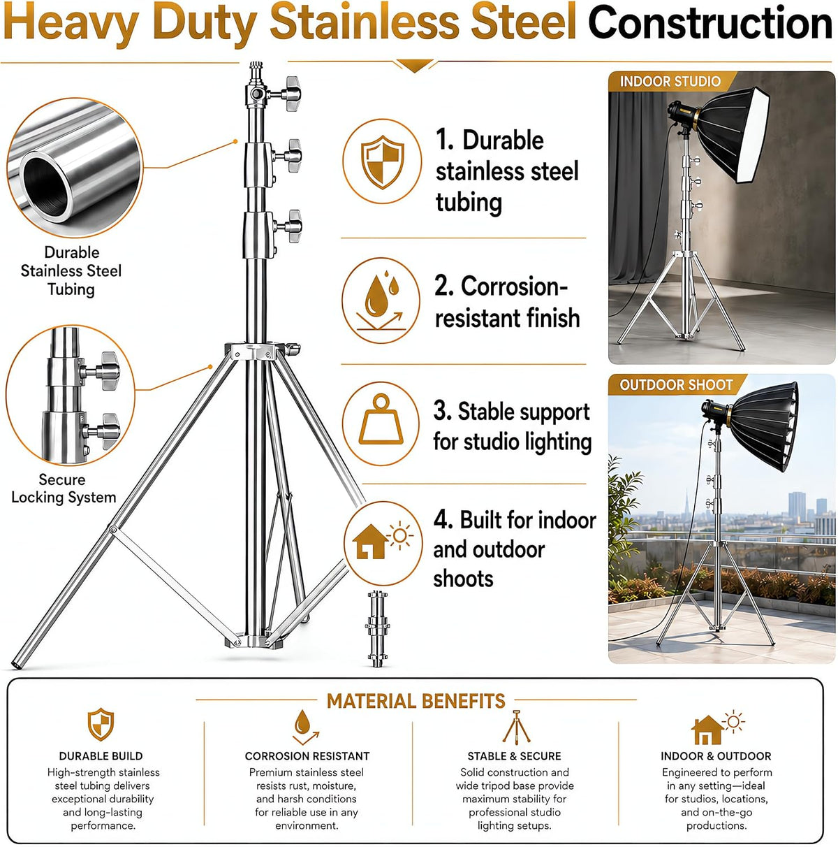 9.2ft/2.8m Stainless Steel Light Stand, Spring Cushioned Heavy Duty Photography Tripod Stand with 1/4” to 3/8”
