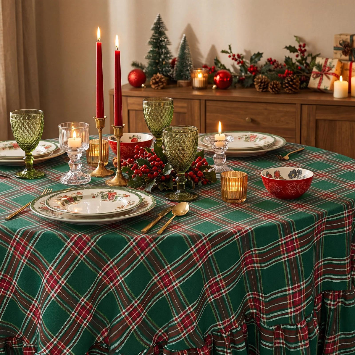 Christmas Ruffle Plaid Round Tablecloth, Green, 70" x 70"