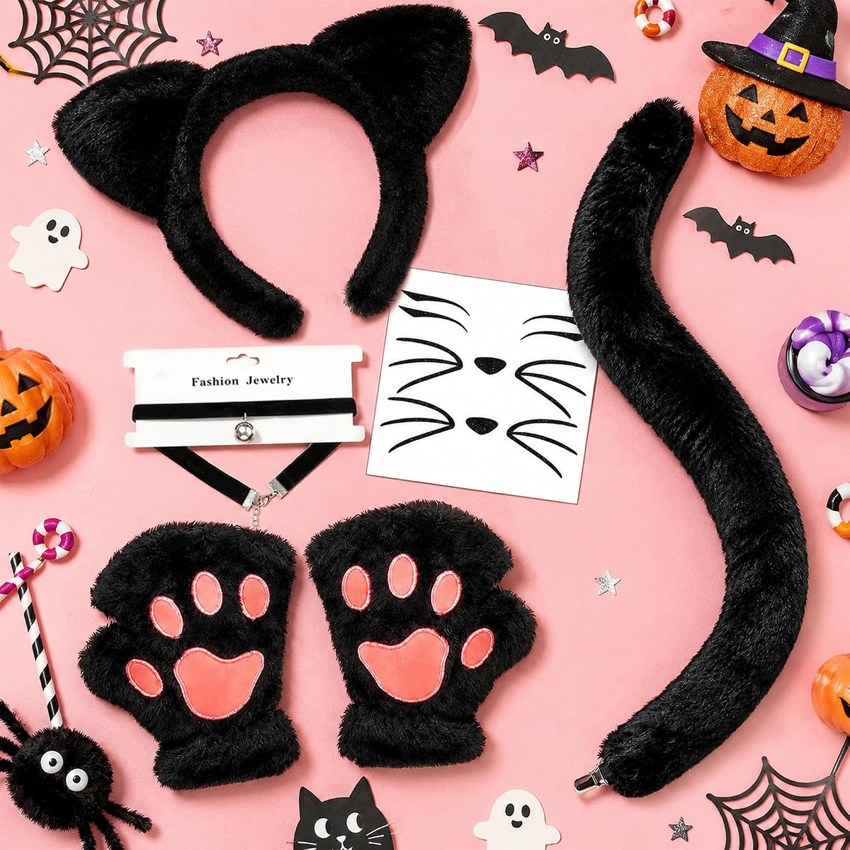 Black Cat Costumes, Cat Ears Headband Tail Paws Gloves Collar Set