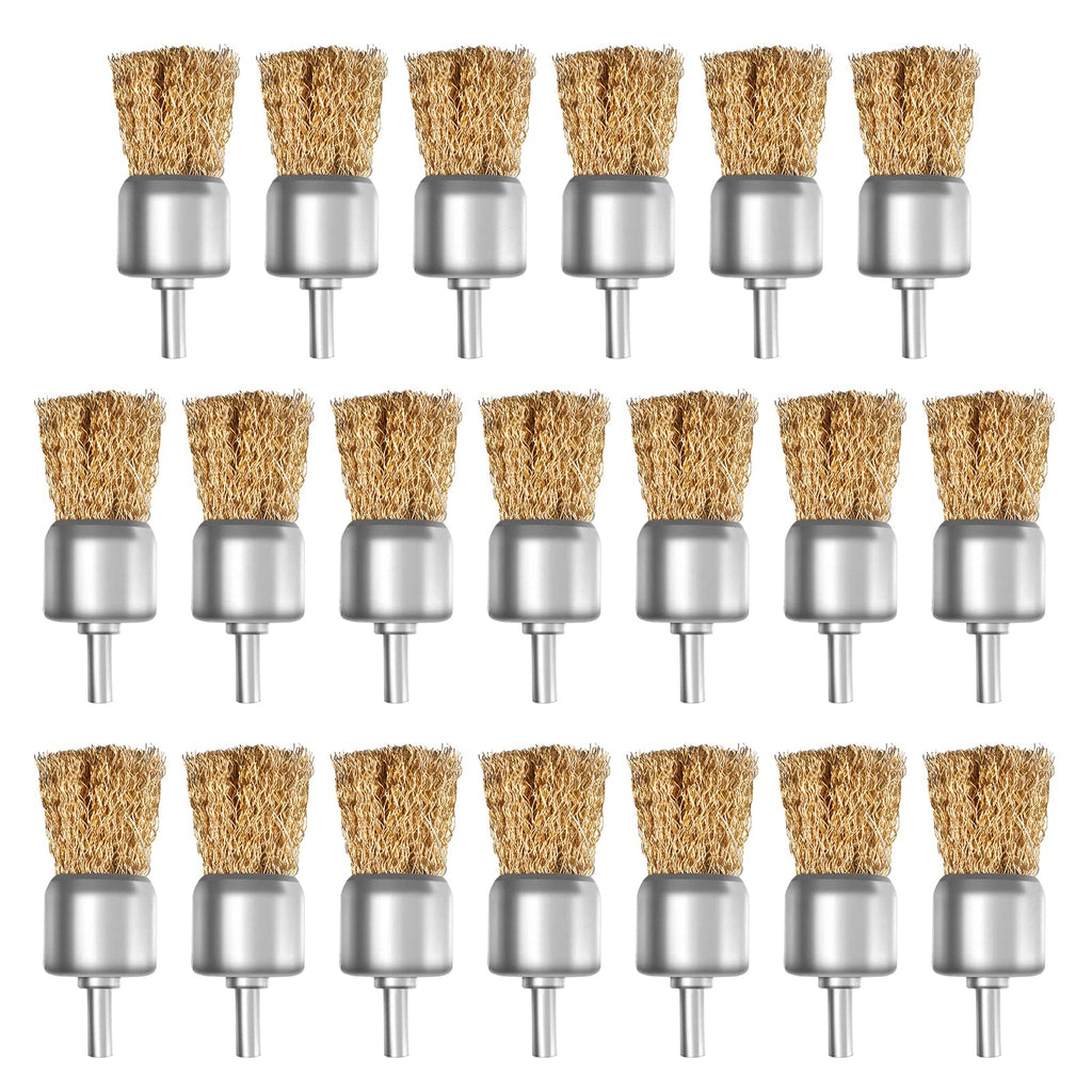 ATOPLEE 20pcs Brass Coated Wire Brush Wheel & Cup Brush Set with 1/4 Inch Round Shank,Diameter 1-3/16‘’（30mm） Crimped Wire Brush Wheel for Rust Removal, Corrosion and Scrub Surfaces,for Drill Attachme