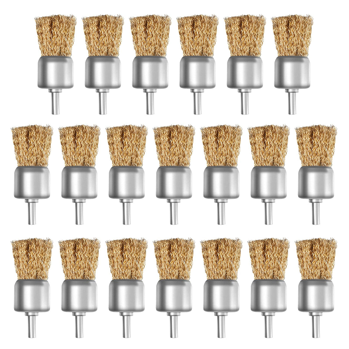 ATOPLEE 20pcs Brass Coated Wire Brush Wheel & Cup Brush Set with 1/4 Inch Round Shank,Diameter 1-3/16‘’（30mm） Crimped Wire Brush Wheel for Rust Removal, Corrosion and Scrub Surfaces,for Drill Attachme