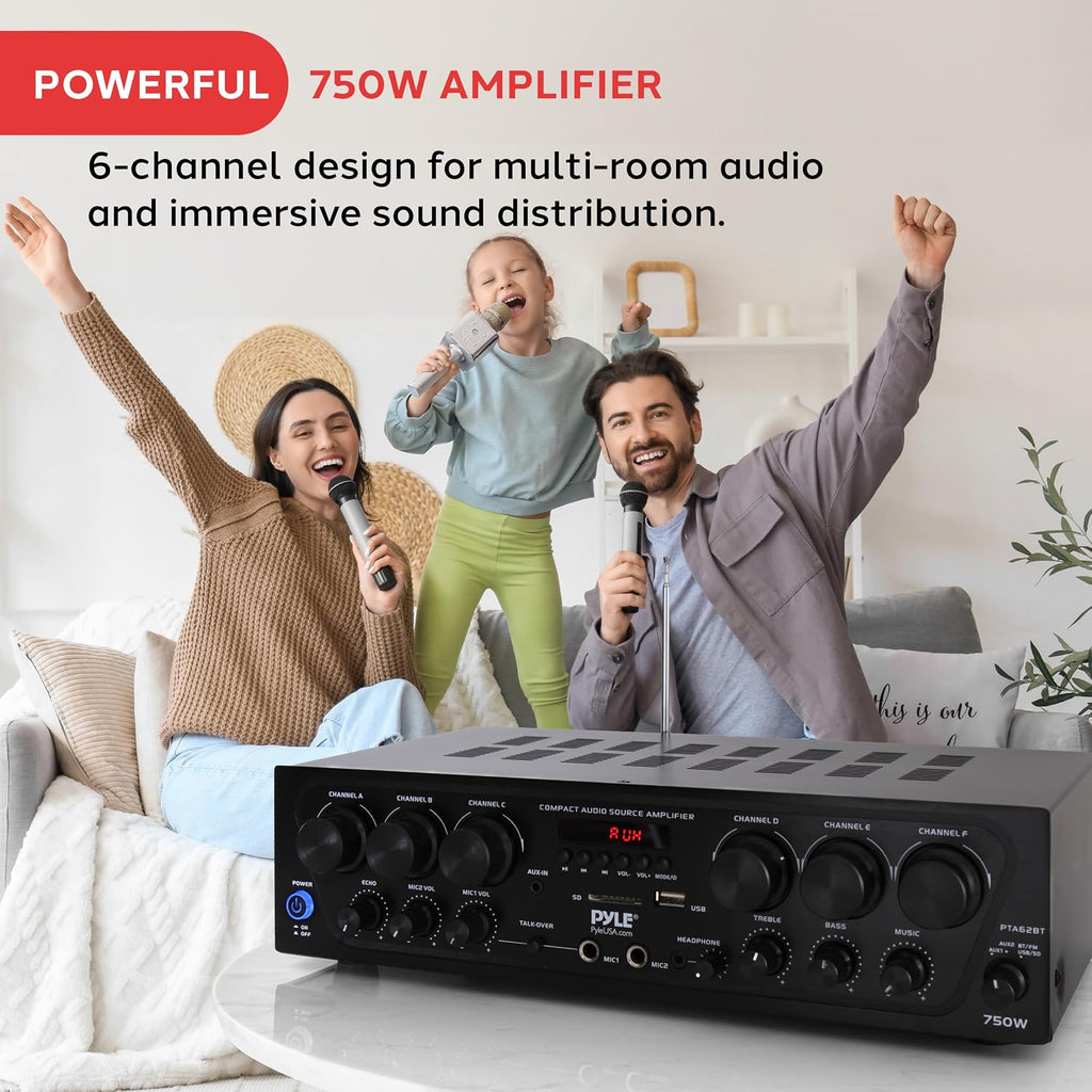 Bluetooth Wireless Home Amplifier System - Upgraded 6 Channel Audio, 750 Watt Power, Easy Karaoke, Stereo Receiver w