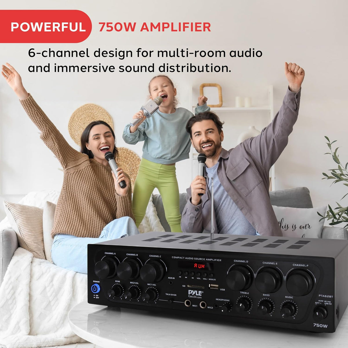Bluetooth Wireless Home Amplifier System - Upgraded 6 Channel Audio, 750 Watt Power, Easy Karaoke, Stereo Receiver w