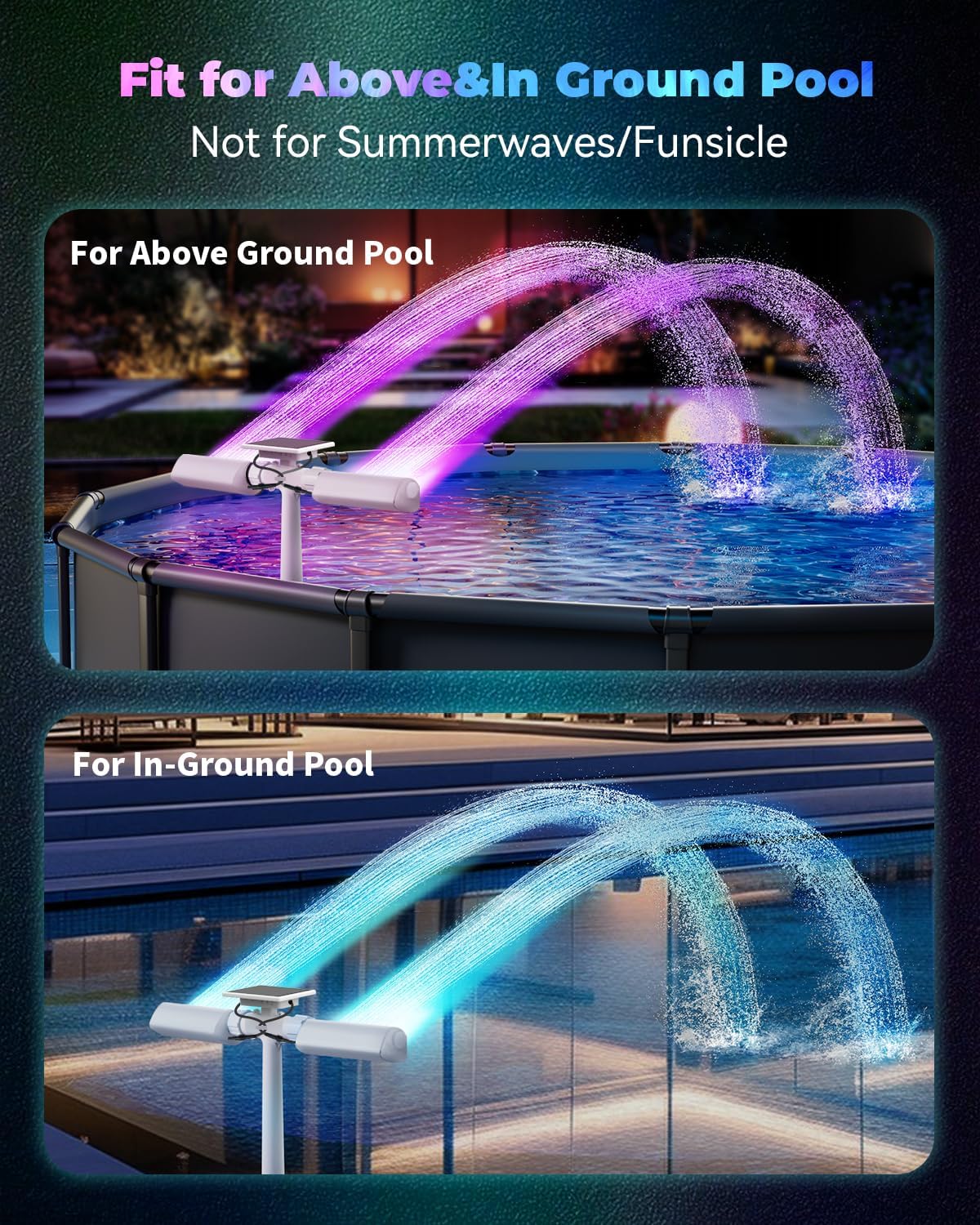 Solar Pool Fountain with 10-Color 4-Mode RGB LED Lights, Above/Inground Solar Lights with Remote, 360°Adjustable Dual
