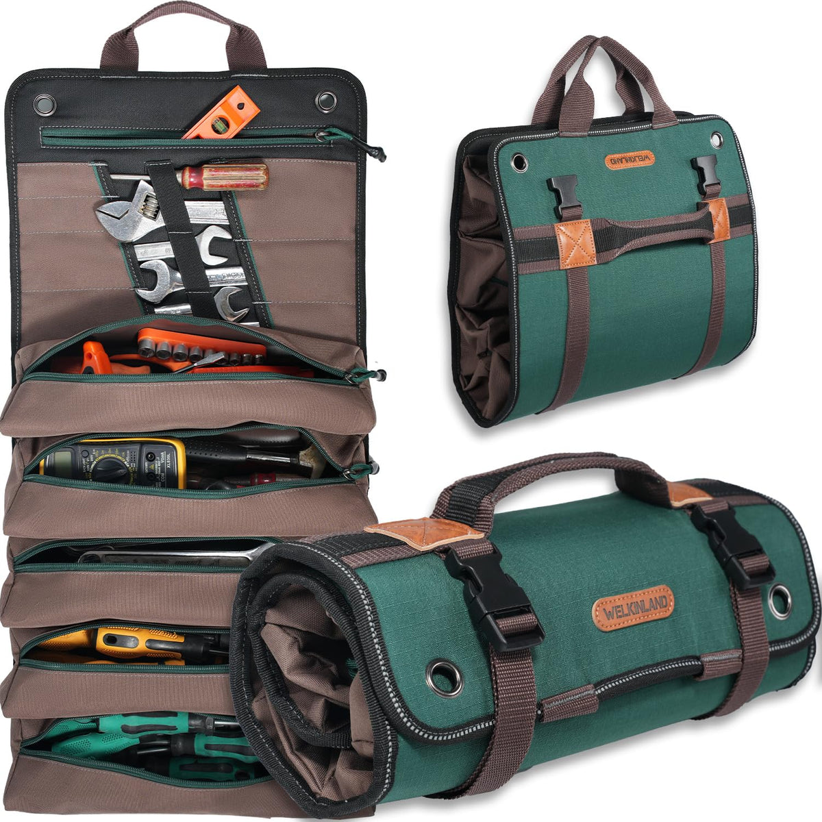 15-Pocket Tool Roll - Heavy-Duty, Green-RipStop, 15L Capacity