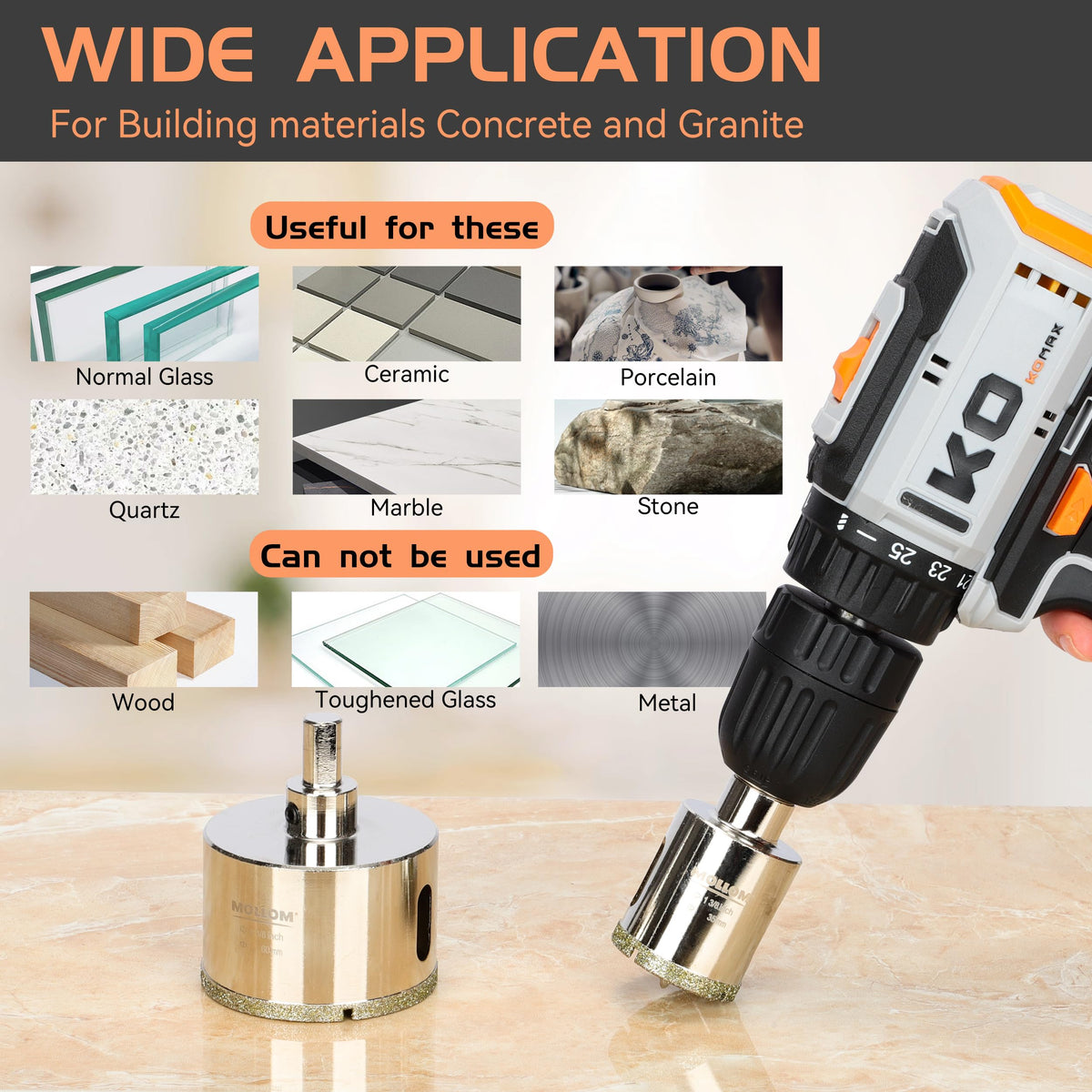MOLLOM 1-15/32" (37mm) Diamond Hole Saw with 2 Pilot Drill Bit
