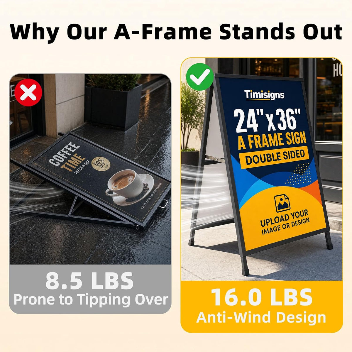 24x36 Inch Heavy Duty Slide-in A-Frame Sidewalk Sign, Double-Sided Folding Steel Metal Sandwich Board Pavement