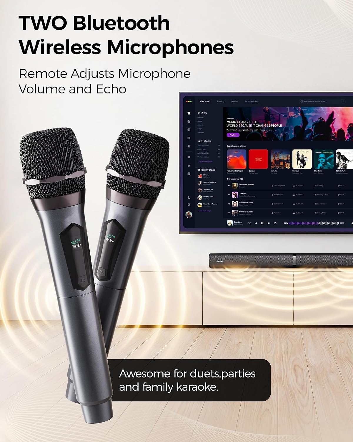 Soundbar with Subwoofer for TV, Home Theater Bluetooth 5.3 Speaker System with 2 Wireless Karaoke Mics, Surround