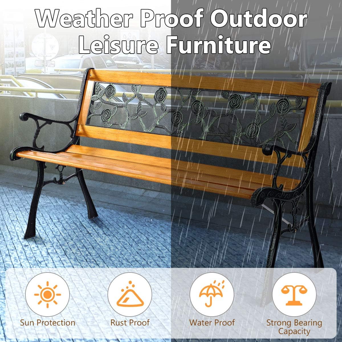 50'' Patio Park Garden Bench, Outdoor Furniture Rose Cast Iron | Porch Loveseat for 2 Person with Hardwood Frame and