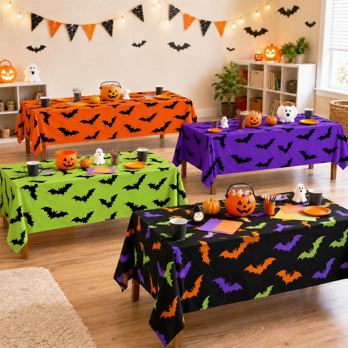 4Pcs Halloween Tablecloth - Black Orange Purple Green Spiderweb Rectangle Table Covers Halloween Birthday Decorations
