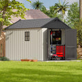 8x10 FT Resin Outdoor Storage Shed with Floor, Beige | Plastic Garden Tool Shed with Lockable Door & Two Windows