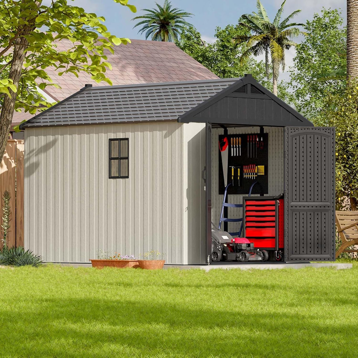 8x10 FT Resin Outdoor Storage Shed with Floor, Beige | Plastic Garden Tool Shed with Lockable Door & Two Windows
