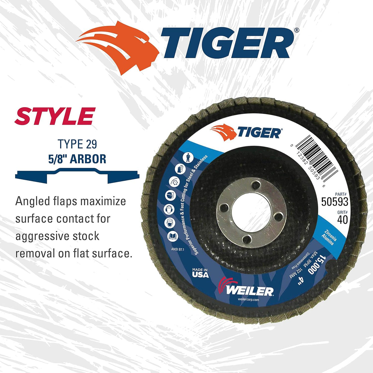 Weiler 50593 4" Tiger Disc Abrasive Flap Disc, Conical (TY29), Phenolic Backing, 40Z, 5/8" Arbor Hole (Pack of 10)