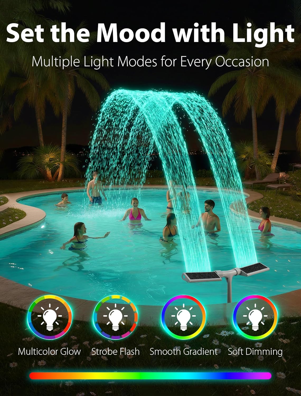 Solar Pool Fountain with Lights for Above & Inground Pools, White | Auto Light-Sensing, 10-Color 4-Modes LED Lights