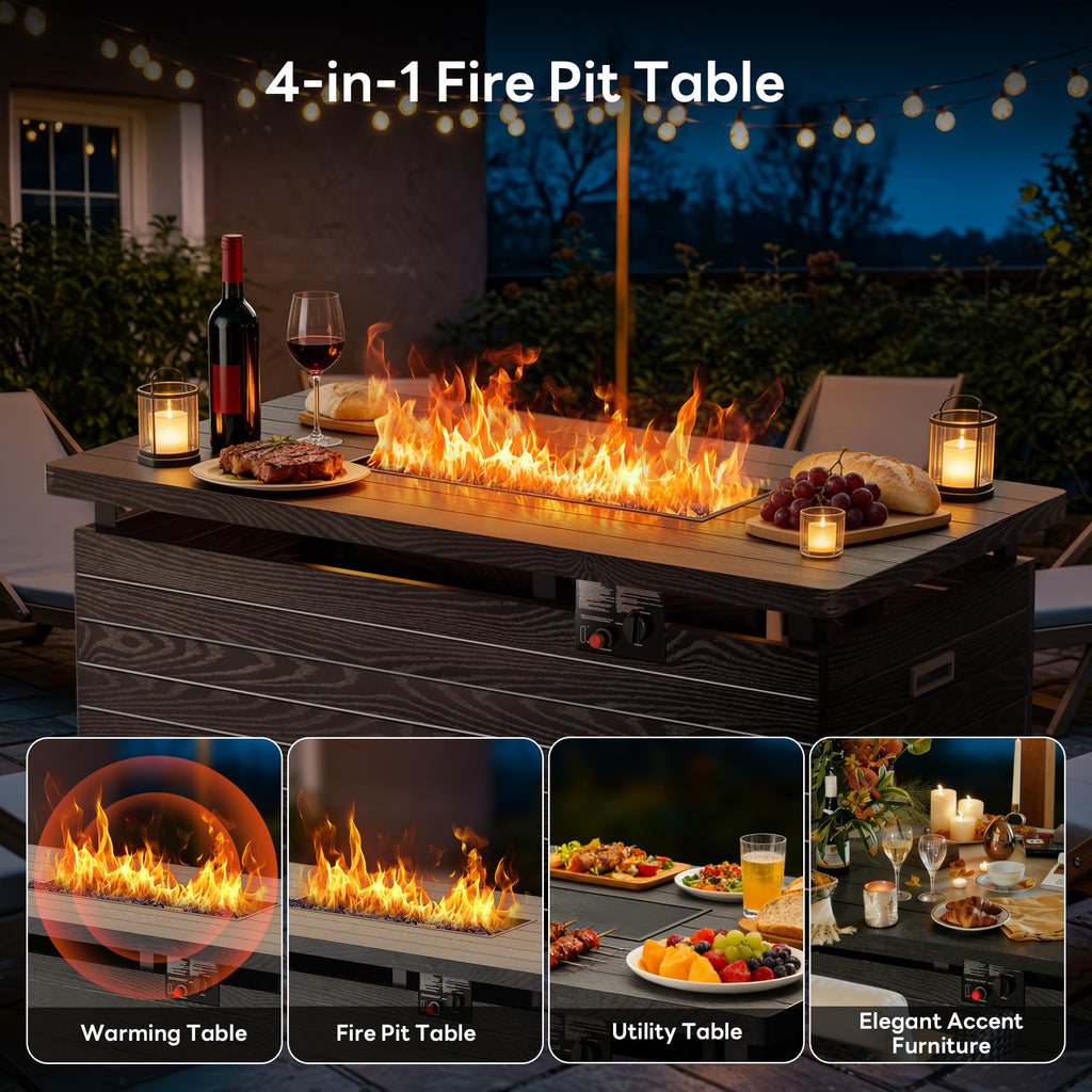 51” Outdoor Propane Fire Pit Table, 50000 BTU 4-in-1 Gas Fire Pits, Brown