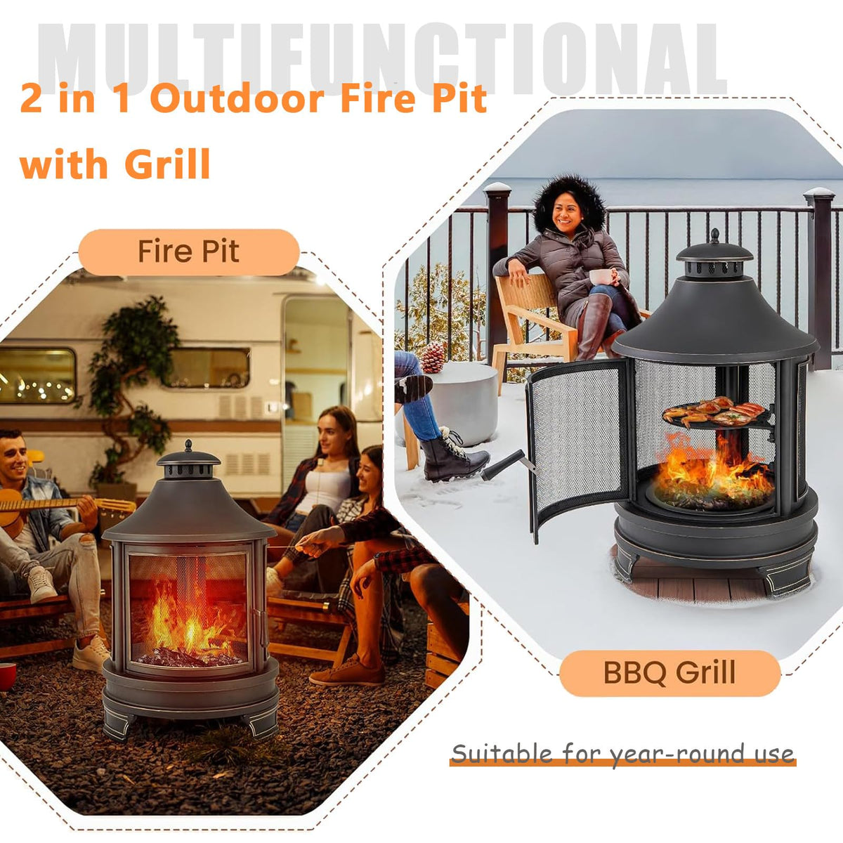 2 in 1 Fire Pit for Outdoor, Wood Burning Fire Pit & Metal Chiminea Fireplaces with Spark Screen Doors & Grill Grate