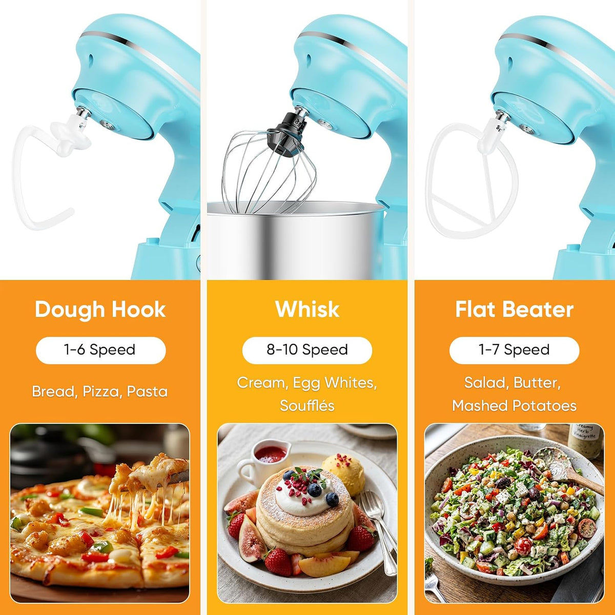 Stand Mixer 6.3QT, Kitchen Electric Mixers Alternative | 10-Speed Dough Hook, Whisk, Beater & Splash Lid, Multi-Cover